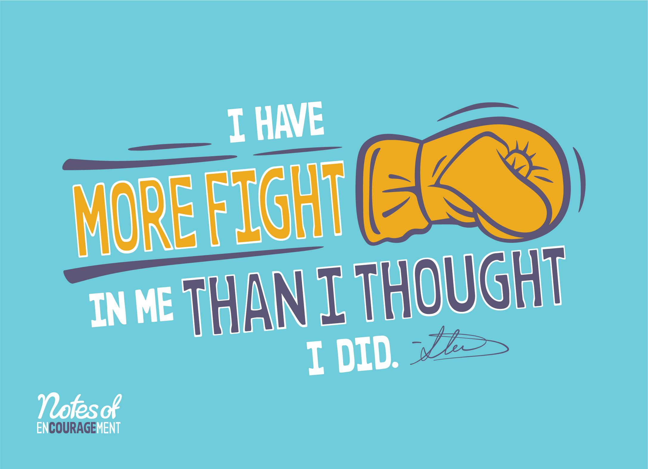 Postcard artwork of boxing glove. "I have more fight in me than I thought I did. -Steven"